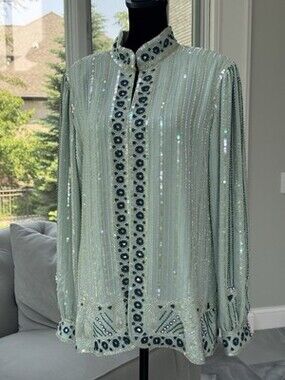 Vintage Jack Bryan Heavily Embellished Jacket Size M-L Green Blue Sequins Beads